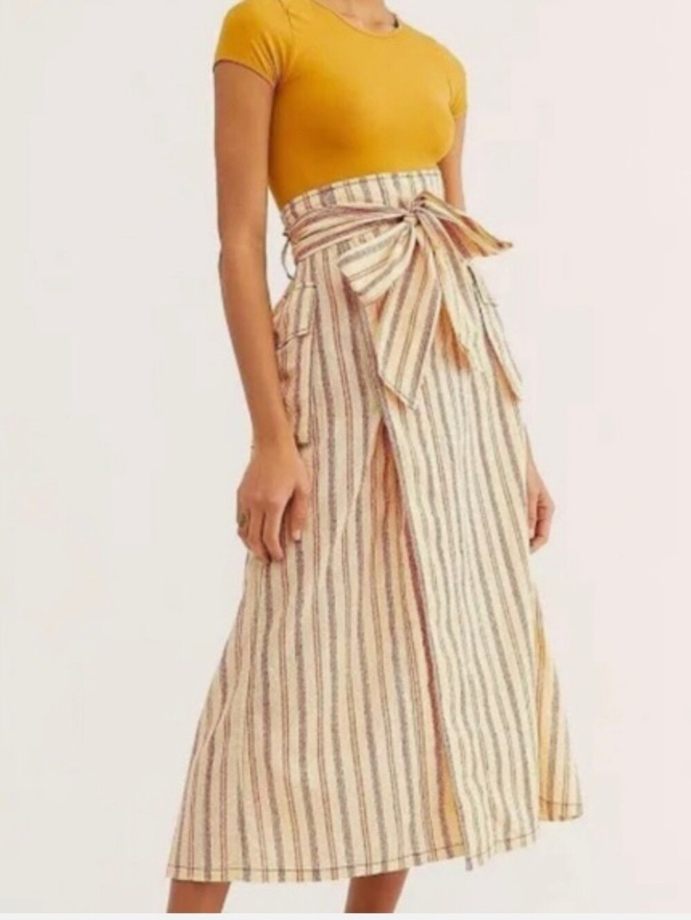 Free People Cargo Pocket Belted Skirt Yellow Orange Stripes Boho Cotton Midi